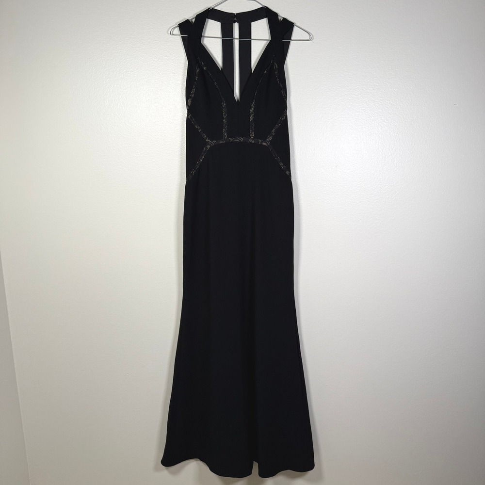 BCBGMaxazria Penelope Gown Women Size 0 Black Lace Trim Cutout Back Maxi Dress
